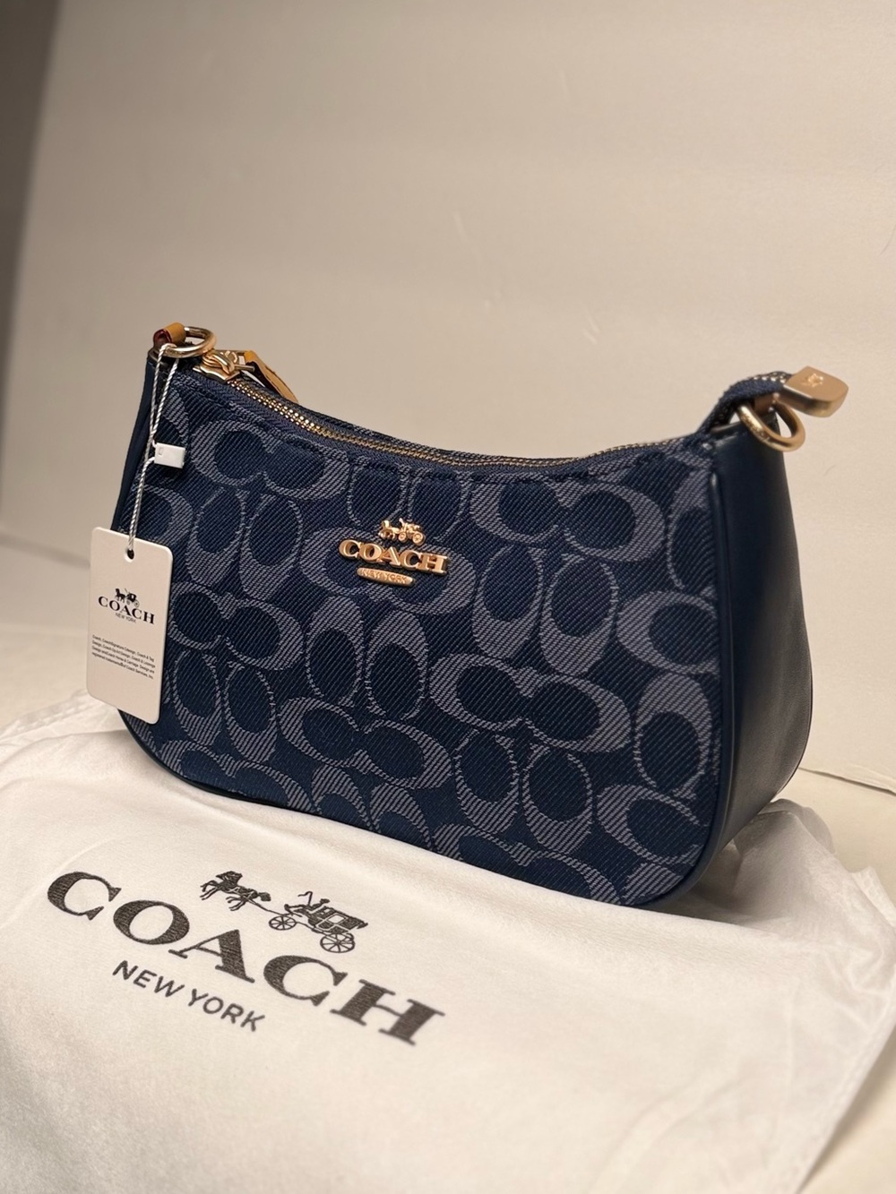 Coach Navy Signature Jacquard Crescent Shoulder Bag with Gold Hardware